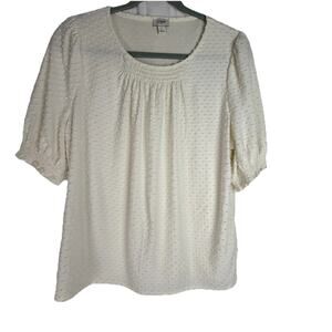 J.Crew Women's L Cream Swiss Dot Short Sleeve Smocked Blouse Round Neck Office